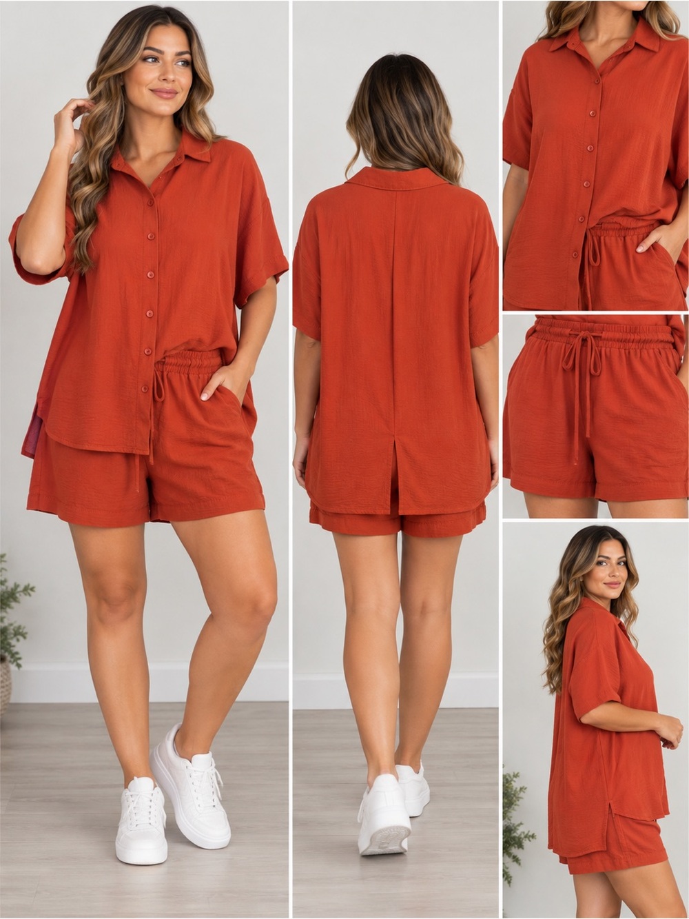 Women's Rust Button-Up Short Sleeve Shirt - Casual Relaxed Fit